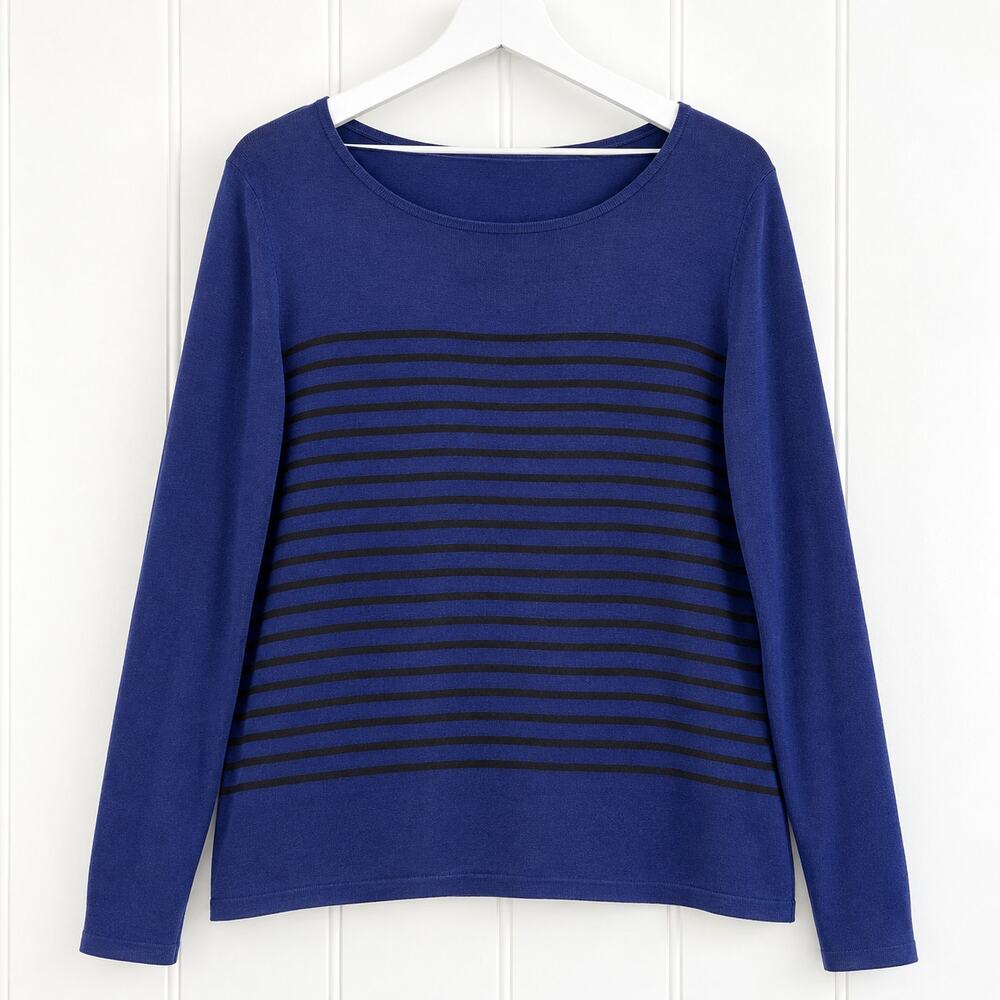 Eileen Fisher Top Womens Blue Black Stripe 100% Cotton Long Sleeve XL est.